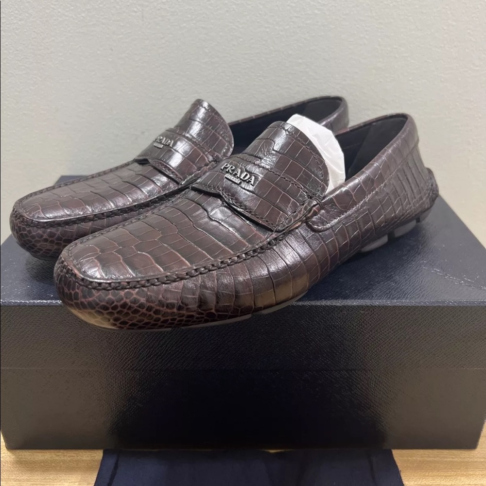 PRADA Tobacco Leather Croc Embossed Driving Shoe 2D2170